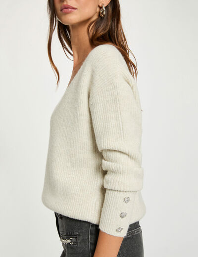 Oversized V-neck jumper ivory women