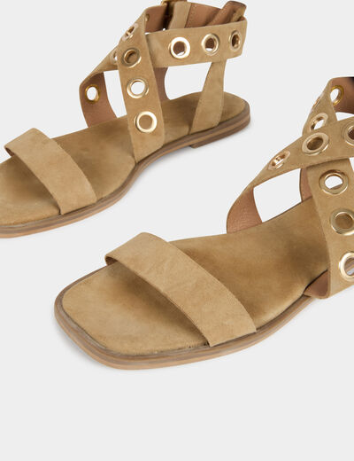 Flat suede leather sandals beige women