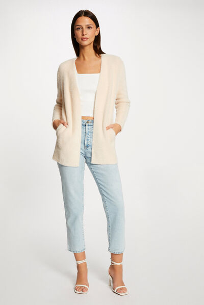 Long cardigan with fluffy knit light pink ladies'
