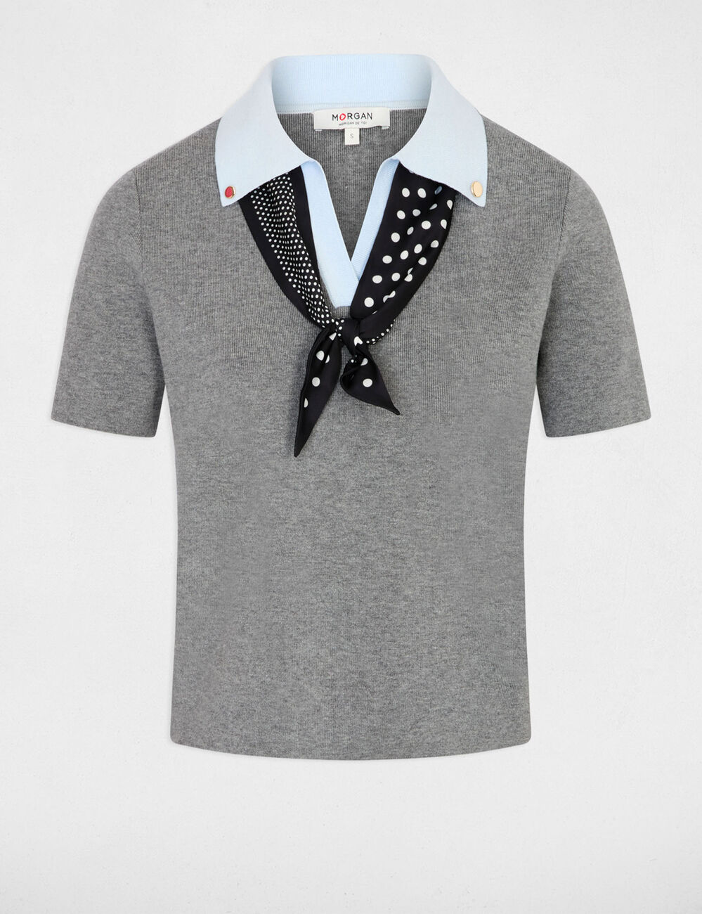 Short-sleeve top with notch collar light grey women