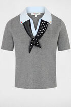 Short-sleeve top with notch collar light grey women