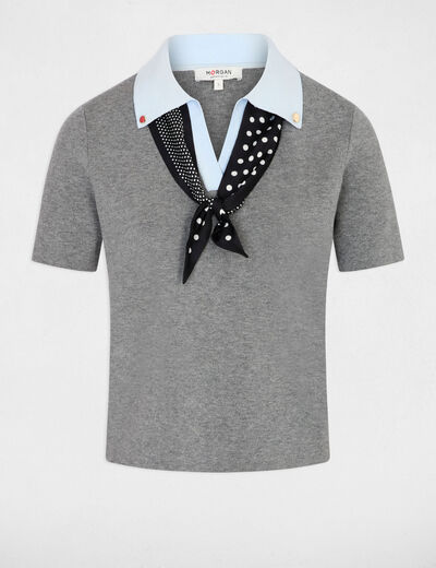 Short-sleeve top with notch collar light grey women