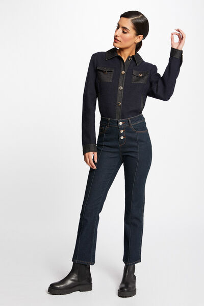 High-waisted straight jeans with buttons raw denim ladies'