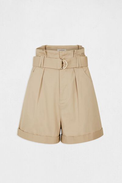 High-waisted loose belted shorts beige ladies'