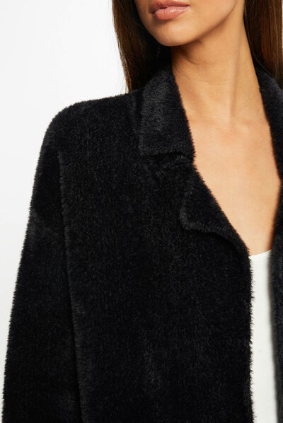 Long straight cardigan fluffy knit black ladies'