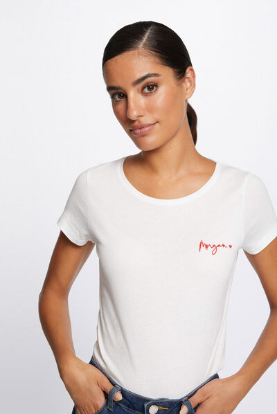 Short-sleeved t-shirt with embroidery ecru ladies'