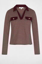 Striped long-sleeved polo bordeaux women