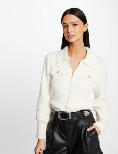 Long-sleeved cardigan with lapel collar ivory women