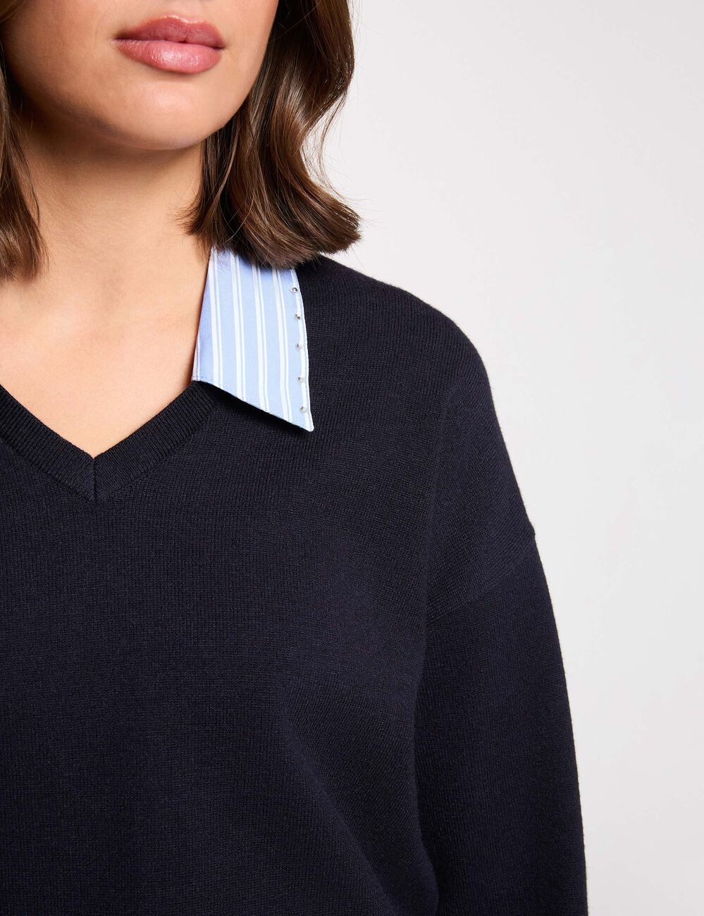 Striped sweater with turned-down collar navy blue women