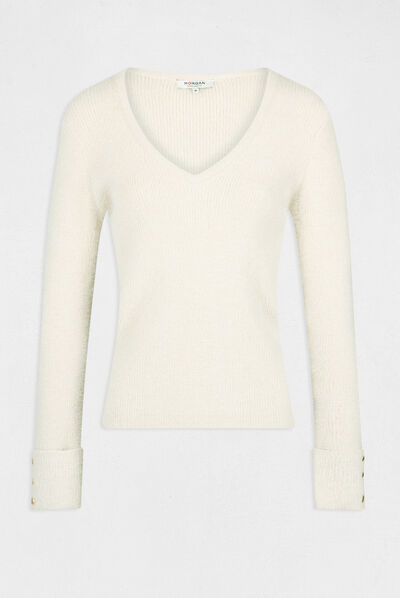 Long-sleeved jumper with V-neck ivory ladies'