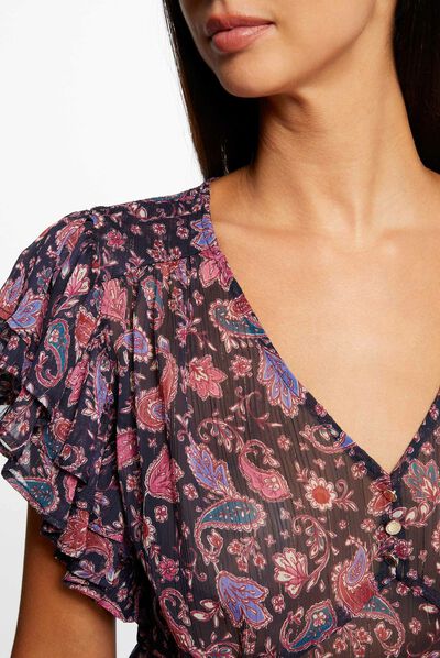 Short-sleeved blouse paisley print navy ladies'