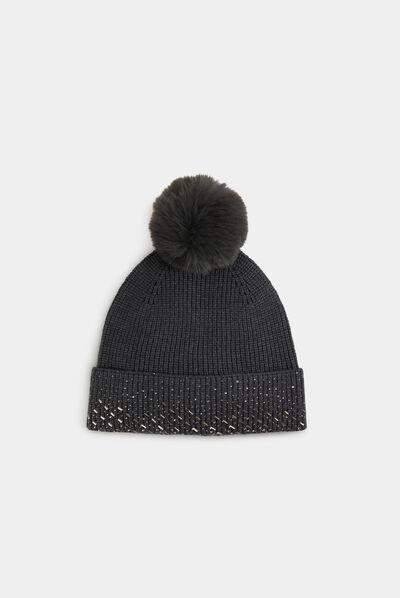 Beanie with rhinestones and pom-pom mid-grey ladies'