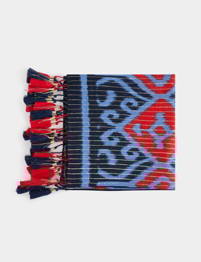Printed scarf with pom-poms multicolor women