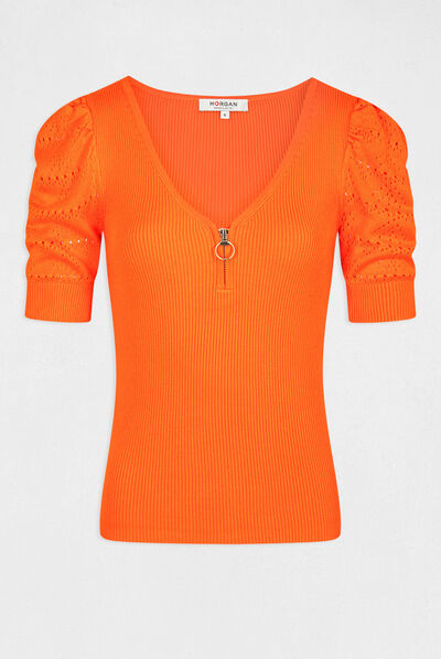 Short-sleeved jumper with V-neck orange ladies'