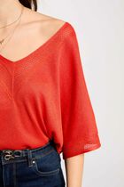 Pull col en V manches courtes orange foncé femme
