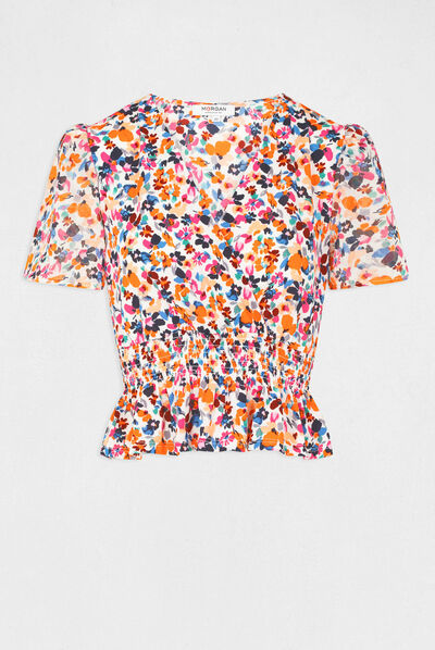 Short-sleeved t-shirt floral print ecru ladies'