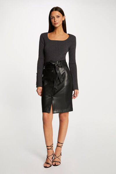 Straight belted skirt in faux leather black ladies'