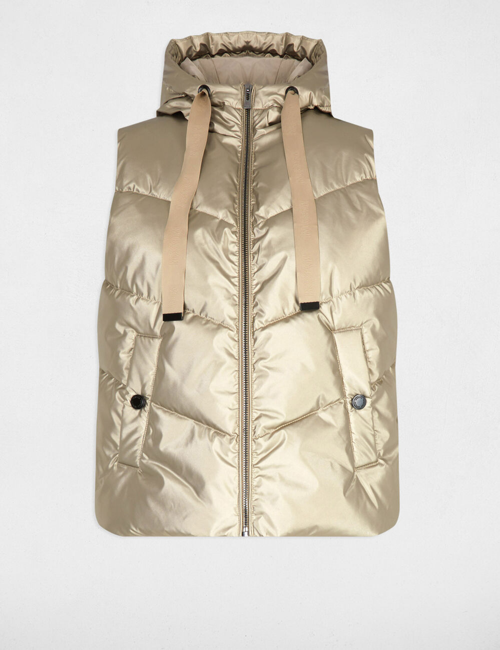 Shiny sleeveless puffer gold yellow women