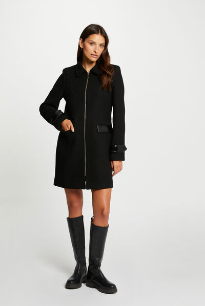 Straight coat faux leather details black ladies'