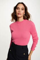 Pull ajusté col cheminée rose fushia femme