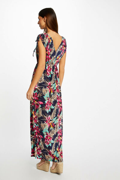Maxi straight dress with floral print navy ladies'