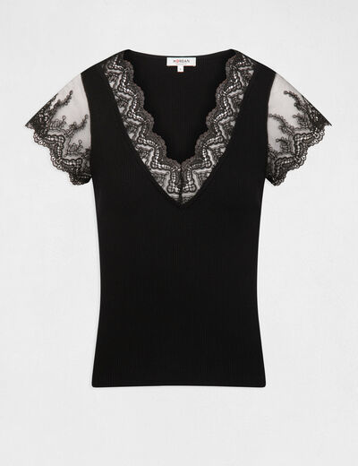 Short-sleeved jumper with lace black ladies'
