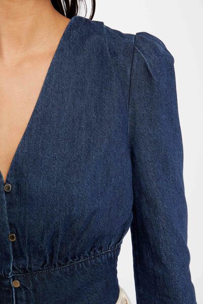 Long-sleeved denim blouse raw denim ladies'