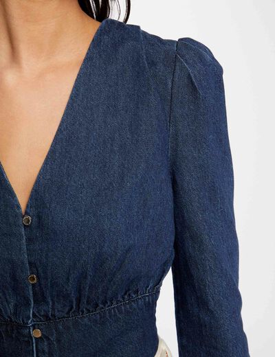 Long-sleeved denim blouse raw denim ladies'