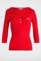 Pull col en V côtelé rouge femme