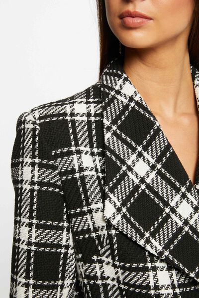 Mi-length waisted coat check print black ladies'