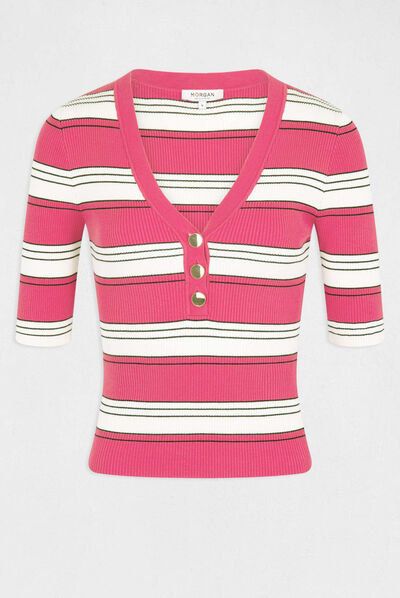 Short-sleeved jumper with stripes fuchsia ladies'