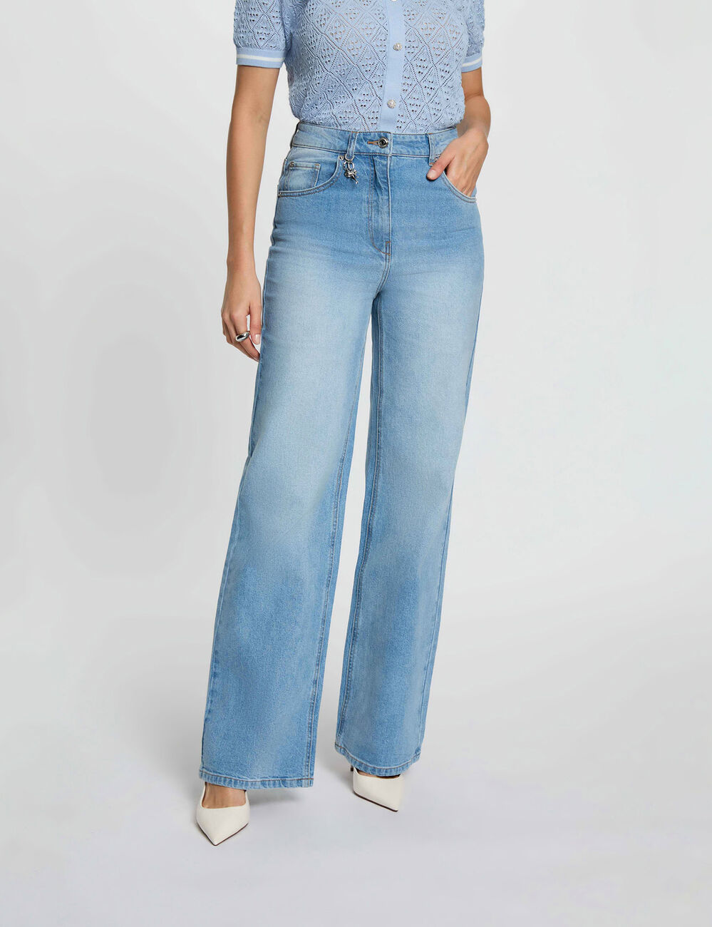 High-waisted wide-leg jeans heavy stone wash denim women