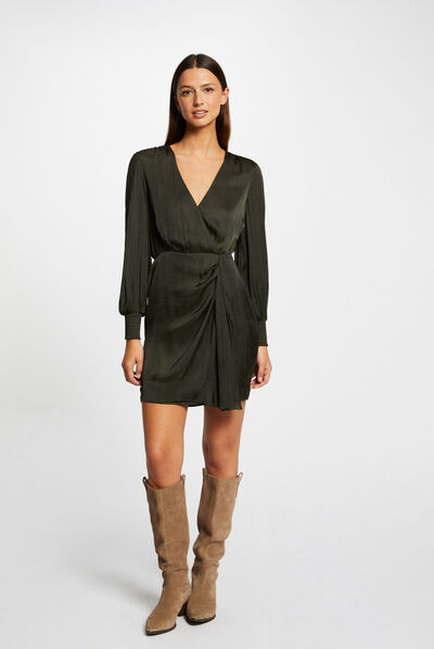 Satin draped waisted dress dark green ladies'