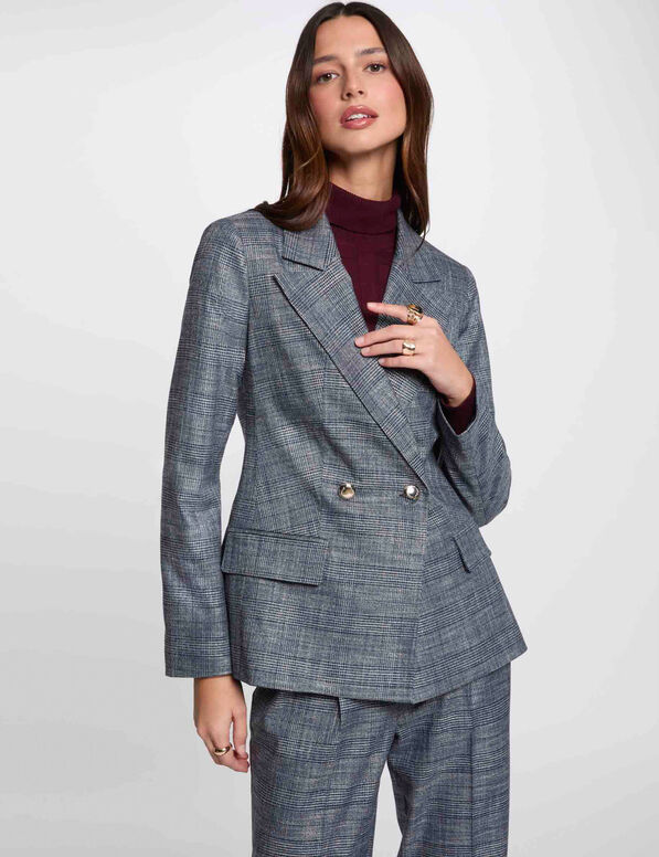 checked short jacket navy blue women Checked short jacket navy blue women