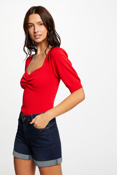 Short-sleeved jumper sweetheart neckline red ladies'