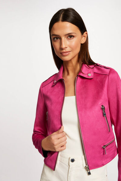 Straight jacket with suede effect raspberry ladies'