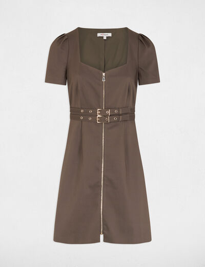 Zipped fitted short dress khaki green women