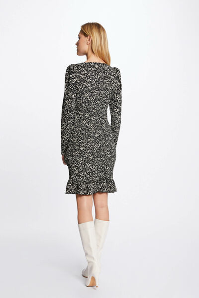 Draped fitted dress abstract print black ladies'