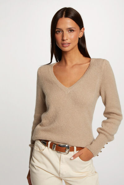 Long-sleeved jumper with V-neck beige ladies'