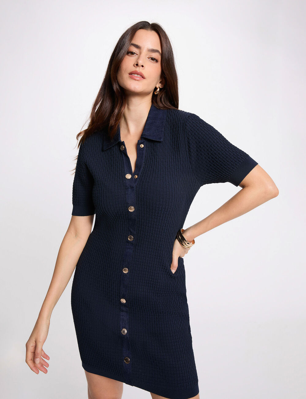 Fitted short knit dress navy blue women