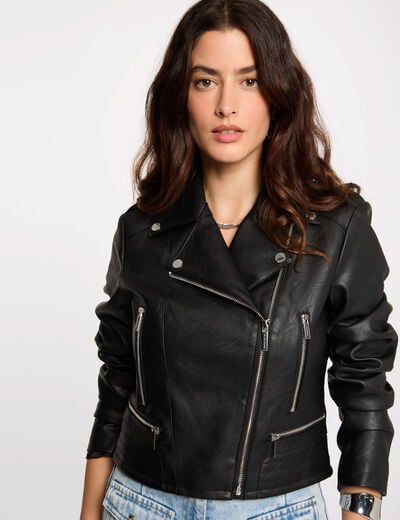 Blouson droit avec col cranté à revers noir femme