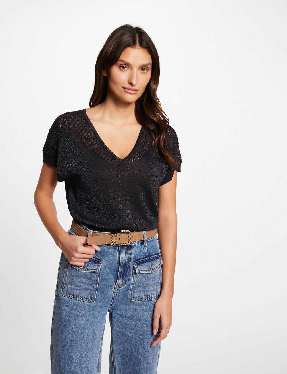Jumper V-neck short sleeves navy women