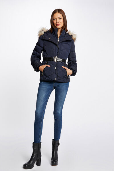 Straight belted padded jacket with hood navy ladies'