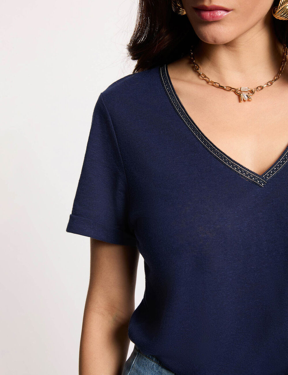 Pearl-embellished v-neck t-shirt navy blue women