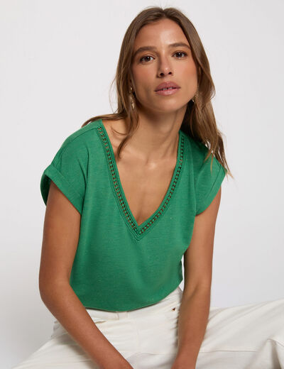 Shiny v-neck t-shirt meadow green women