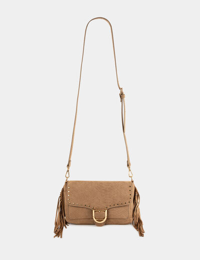 Bag with croc effect fringes and studs beige ladies'