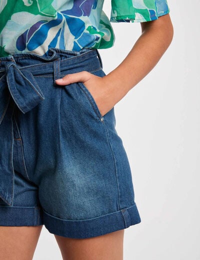 Belted denim shorts stone wash denim women