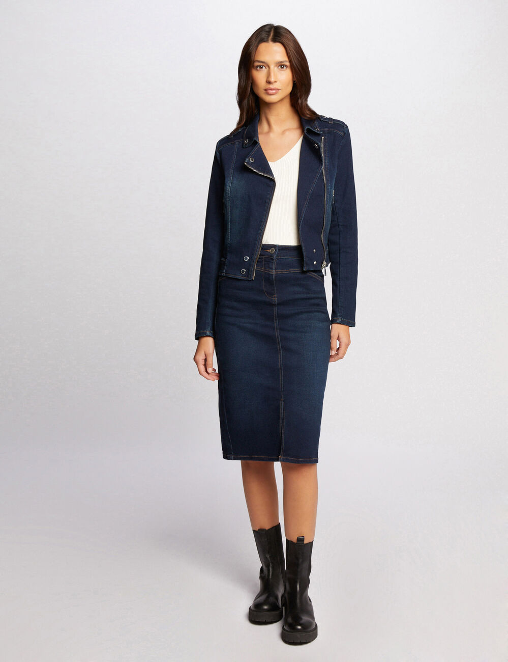 Knee-length denim skirt raw denim women
