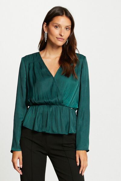 Satin long-sleeved blouse dark green ladies'