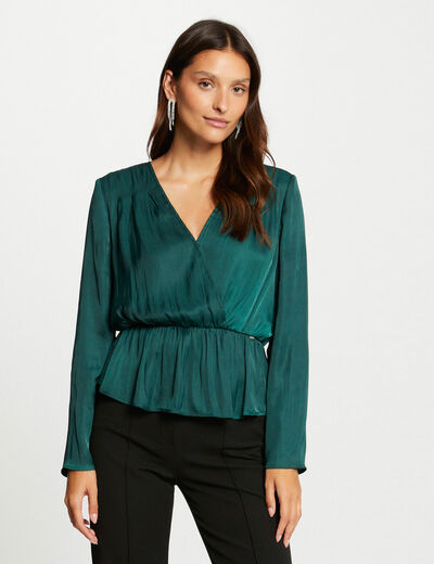 Satin long-sleeved blouse dark green ladies'